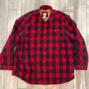 L.L. Bean Men's XXL Red Black Buffalo Plaid Sherpa Lined Flannel Shirt Jacket
